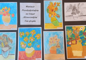 Prace dzieci wykonane różnymi technikami plastycznymi przedstawiające „Słoneczniki" Wincenta Van Gogh`a.