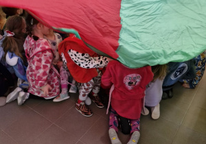 Dzieci siedzą pod chustą animacyjną.