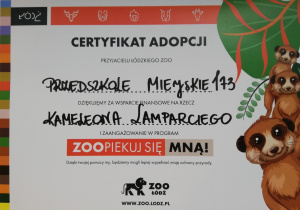 Certyfikat adopcji w Łódzkim ZOO