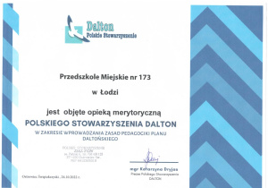Certyfikat objęcia opieką merytoryczną przez Polskie Stowarzyszenie Dalton