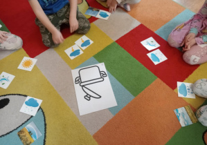 Przedszkolaki siedzą na dywanie wokół ilustracji przedstawiającej garnek i różnych symboli pogodowych.