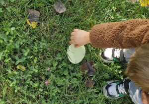 Dziecko w ogrodzie podnosi znalezioną zieloną kropkę.