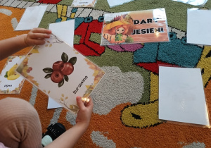 Dziecko trzyma w ręce obrazek, na którym jest żurawina.