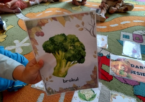 Dziecko pokazuje obrazek, na którym jest brokuł.