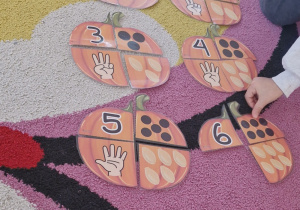Dziecko układa na dywanie część dyni z określoną liczbą kropek.