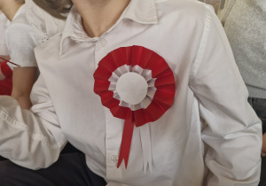 Chłopiec z biało-czerwoną kokardą narodową przyczepioną do koszuli.