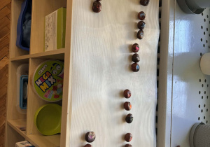 Kasztany z napisanymi literami na półce.