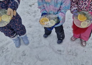 Dziewczynki prezentują gotowe lodowe mandale.