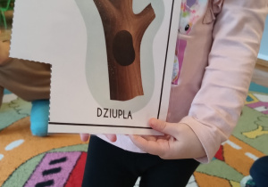 Dziewczynka trzyma obrazek przedstawiający dziuplę.