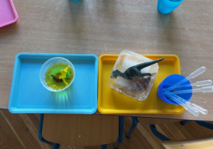 Na stoliku przygotowane kolorowe tacki , zamrożone figurki dinozaurów, galaretki z dinozaurami.