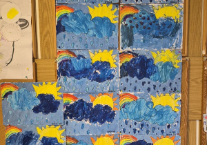 Prace dzieci wywieszone na tablicy - marcowa pogoda pomalowana farbami.