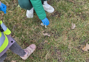 Dziecko z trawy podnosi śmieci.