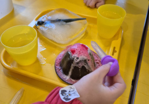 Dziecko trzyma w ręku pipetkę napełnioną octem  i polewa zabarwioną sode oczyszczoną. Powstaje imitacja erozji wulkanu.