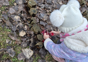 Dziewczynka znajduje pod liśćmi dinozaura w masie sensorycznej z galaretki.
