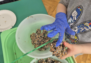 Dziecko napełnia szyszkę nasionami.