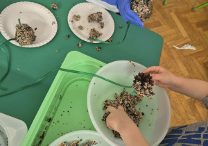 Dzieci wypełniają nasionami  szyszki przymocowane do sznurka.