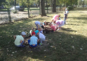- Dzieci tworzą mandale z szyszek i kasztanów