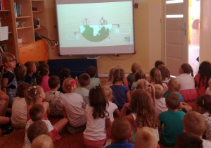 Dzieci oglądają prezentację multimedialną nt. źródeł odnawialnych.