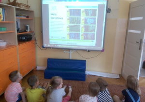 Dzieci oglądają slajd na prezentacji multimedialnej przedstawiający skalę porostową.