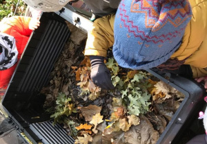 Dzieci wrzucają liście na kompost.
