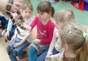 Na ławeczce w sali siedzą dzieci. Dziewczynka dotyka węża trzymanego przez dorosłą osobę.