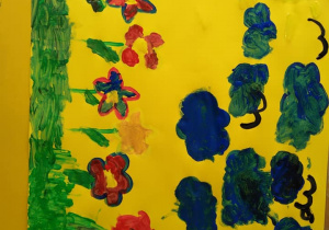 - Wiosna namalowana przez dzieci na żółtym kartonie