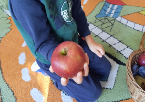Chłopiec siedzi na dywanie, w rączce trzyma jabłko