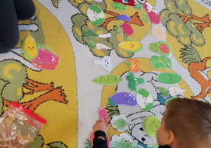 Na dywanie leżą obrazki przedstawiające różne warzywa. Chłopiec wskazuje na nie palcem.
