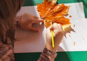 Dziewczynka siedzi przy stoliku. Przy użyciu pędzelka maluje liścia na pomarańczowo.