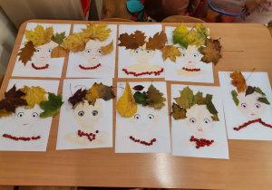 Portrety Pani Jesieni wykonane przez dzieci z grupy czerwonej.