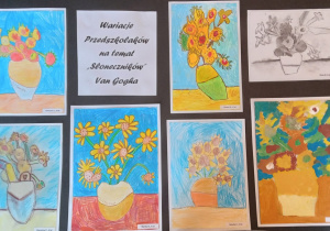 Prace dzieci wykonane różnymi technikami plastycznymi przedstawiające „Słoneczniki" Wincenta Van Gogh`a.