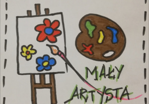 Rysunek przedstawiający paletkę z farbami i namalowane kwiatki