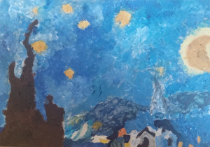 Obrazek przedstawiający Gwiaździstą noc Vincenta van Gogha – reprodukcja wykonana przez dziewczynkę – I miejsce w konkursie.