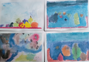 Prace dzieci - obrazki przedstawiające owoce namalowane przez dzieci.