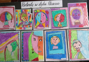 Prace dzieci – obrazki przedstawiające portrety inspirowane twórczością Pablo Picasso.