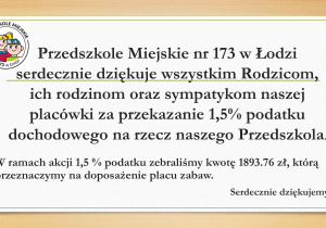 Podziękowanie za przekazanie 1,5% podatku na rzecz naszego przedszkola