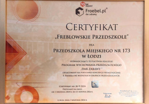 Certyfikat Przedszkola Froeblowskiego