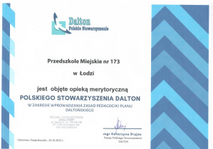 Certyfikat objęcia opieką merytoryczną przez Polskie Stowarzyszenie Dalton